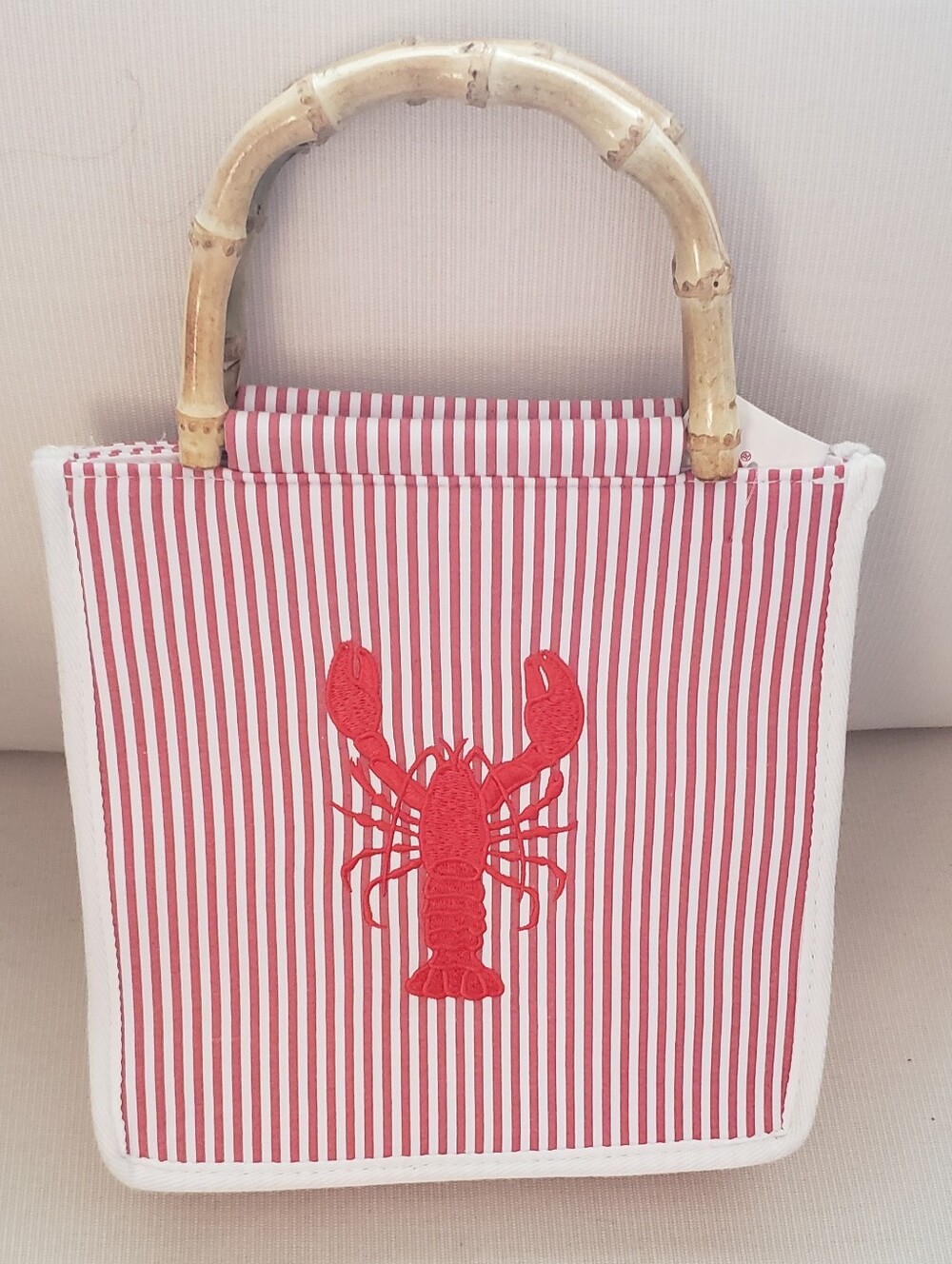 Tommy Bahama Striped Red Lobster Handbag Bag with Bamboo Handles & Gold Chain